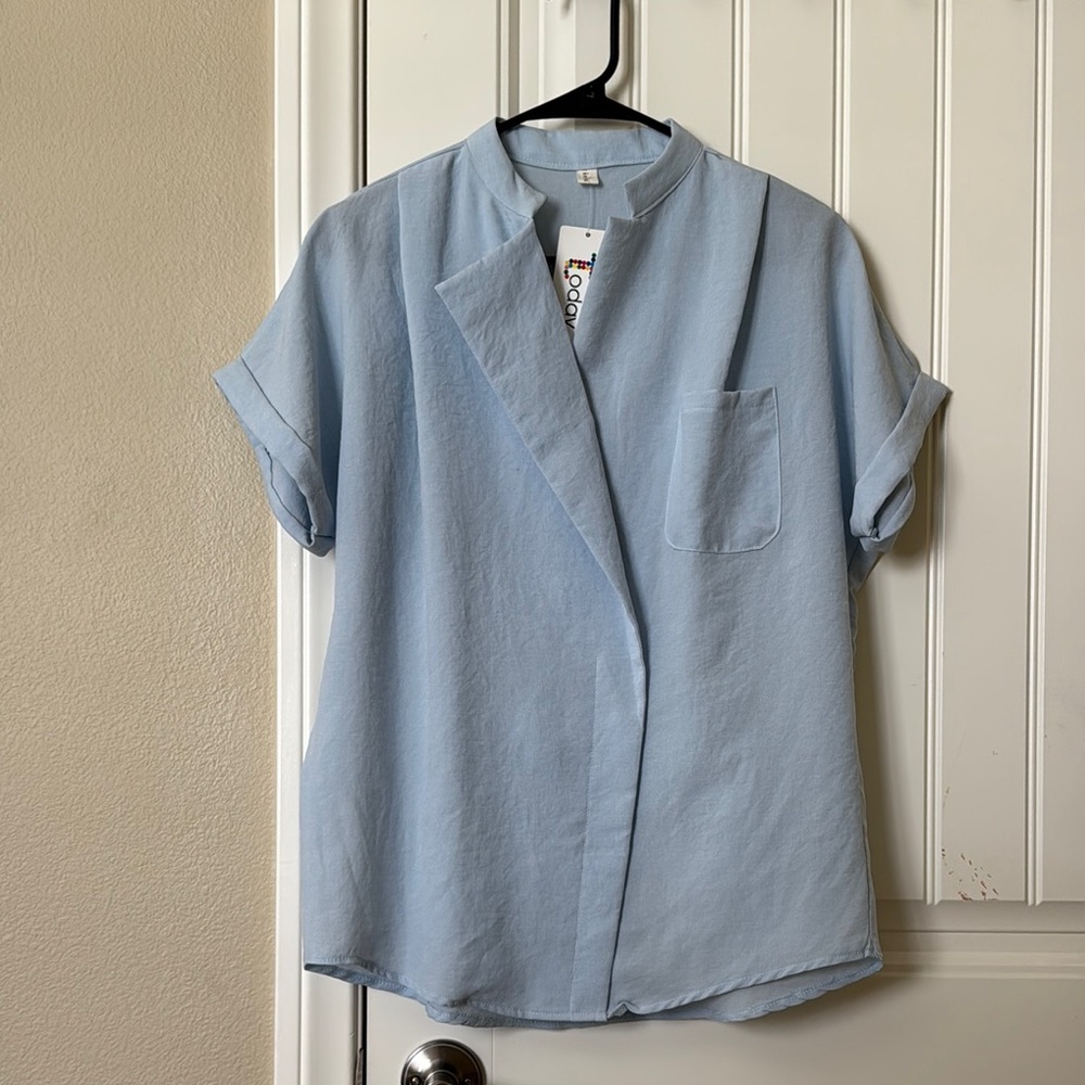 Today Light Blue Structured Women's Architectural Draped Blouse